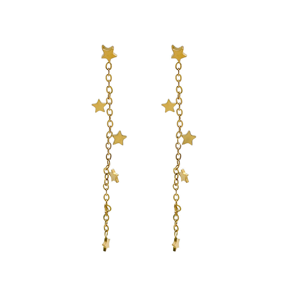 pendientes largos de cadena para mujer, niña y adolescente. No pesan nada. Son de cadena larga con estrellas colgantes en acero hipoalergénico resistente al agua. Gold plated stainless steel long heart pendant earrings