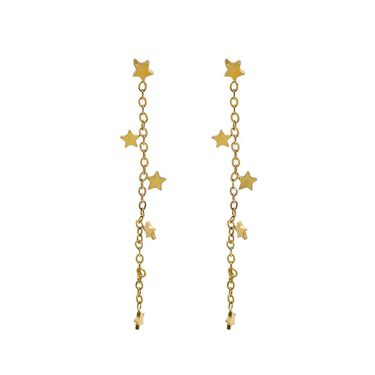 pendientes largos de cadena para mujer, niña y adolescente. No pesan nada. Son de cadena larga con estrellas colgantes en acero hipoalergénico resistente al agua. Gold plated stainless steel long heart pendant earrings