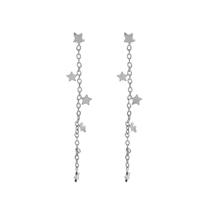 pendientes largos de cadena para mujer, niña y adolescente. No pesan nada. Son de cadena larga con estrellas colgantes en acero hipoalergénico resistente al agua. Gold plated stainless steel long heart pendant earrings