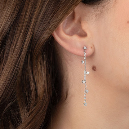 pendientes largos dorados o plateados de cadena para mujer, niña y adolescente. No pesan nada. Son de cadena larga con estrellas colgantes en acero hipoalergénico resistente al agua. Gold plated stainless steel long heart pendant earrings