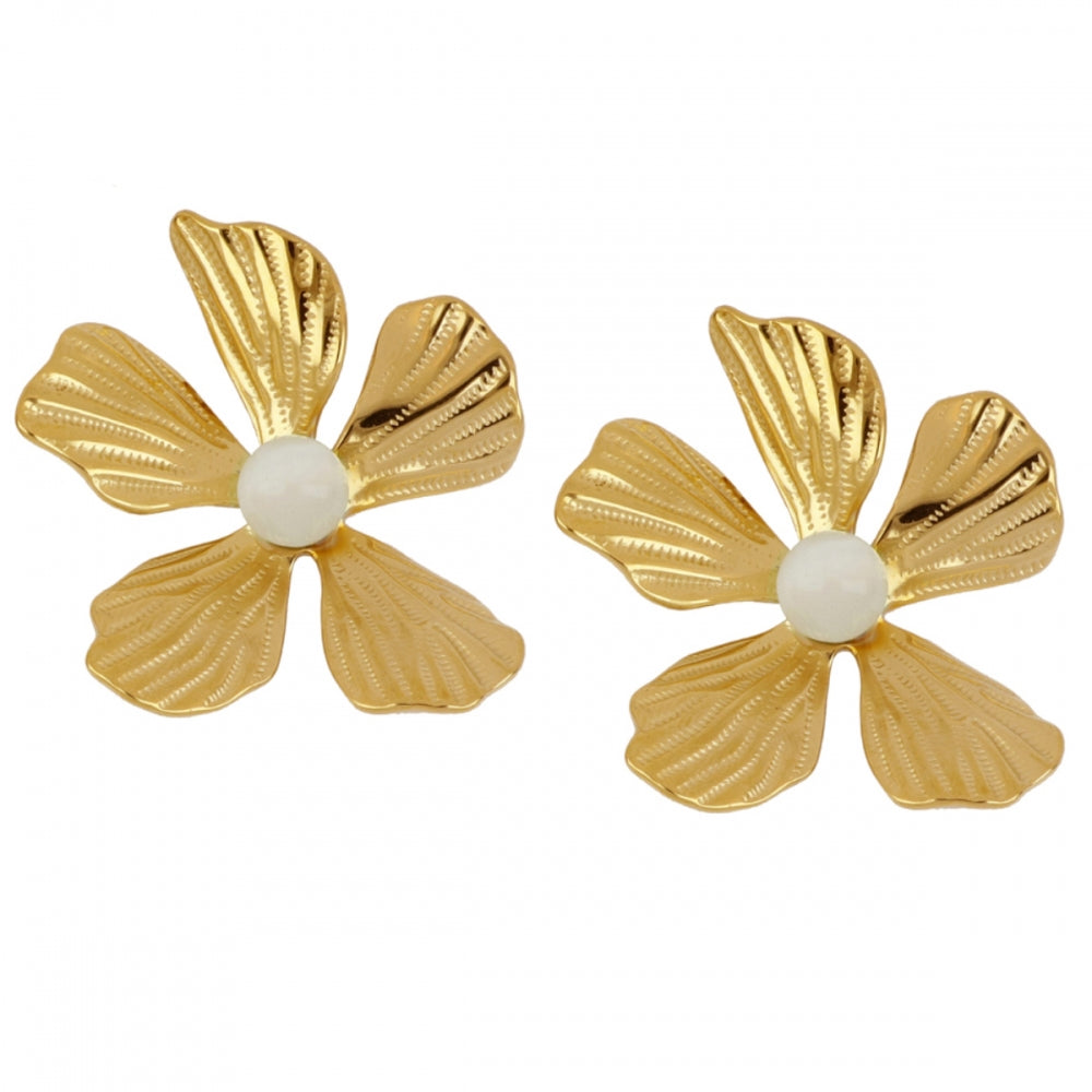 pendientes grandes de flor para invitada a boda o fiesta. Son de acero quirúrgico e hipoalergénico con baño de oro. Gold plated stainless steel big flower earrings