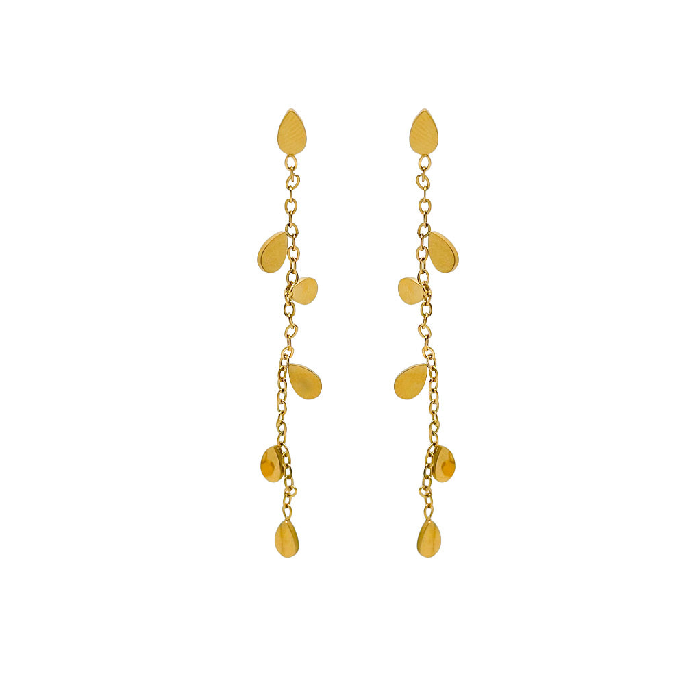 pendientes largos de cadena para mujer, niña y adolescente. No pesan nada. Son de cadena larga con hojitas colgantes en acero hipoalergénico resistente al agua. Gold plated stainless steel long pendant earrings