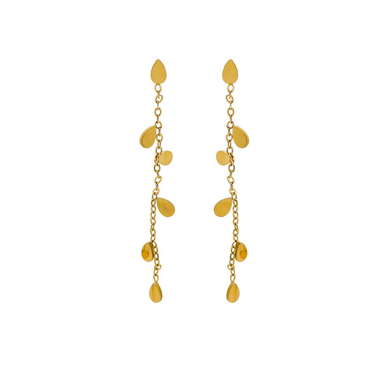 pendientes largos de cadena para adultas, niñas y adolescentes. No pesan nada. Son de cadena larga con hojitas colgantes en acero hipoalergénico resistente al agua. Gold plated stainless steel long pendant earrings