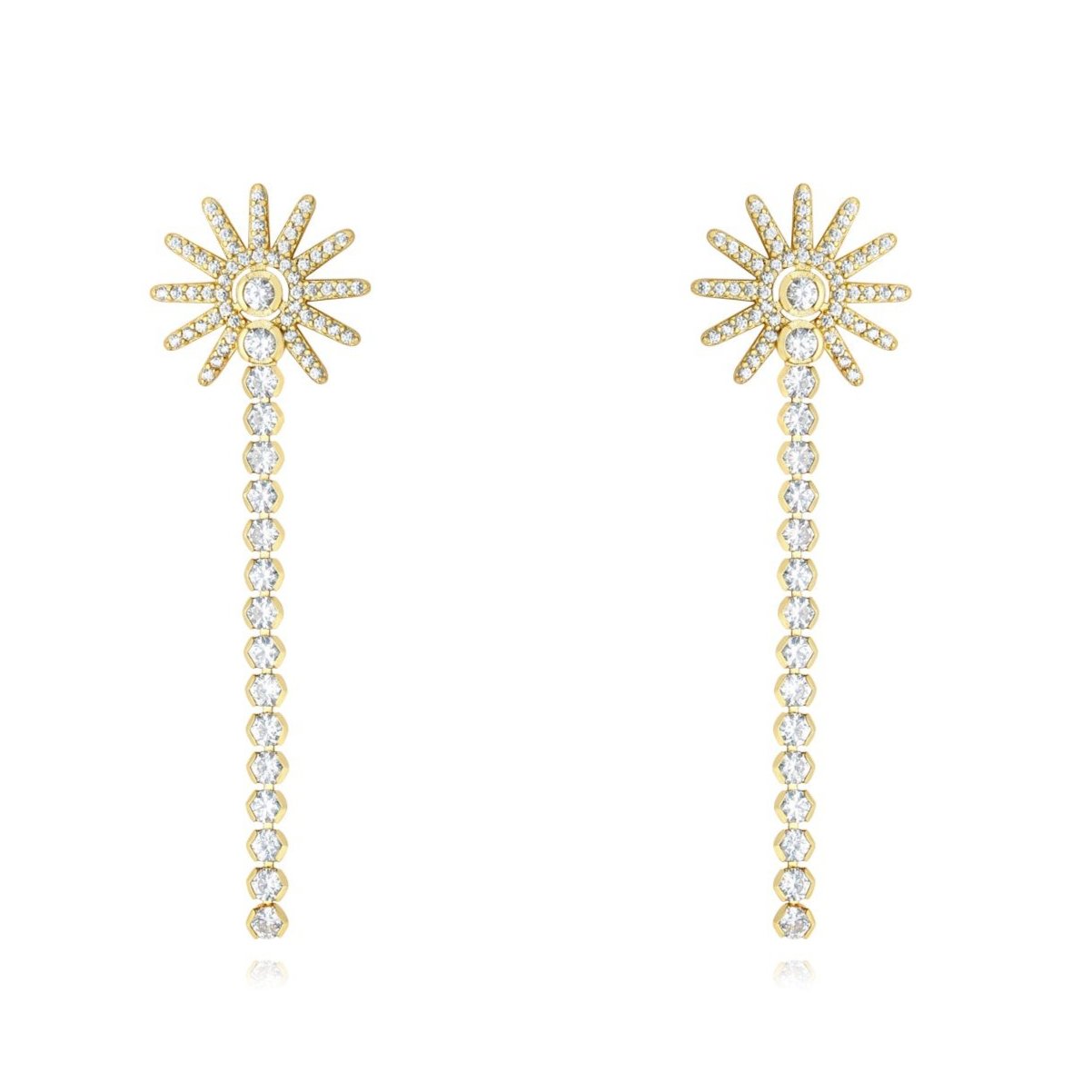 pendientes de fiesta largos con brillantes tipo tenis con estrella o sol. es de plata de ley con baño de oro 18 kilates. gold plated sterling silver long zircon tennis chain holiday earrings