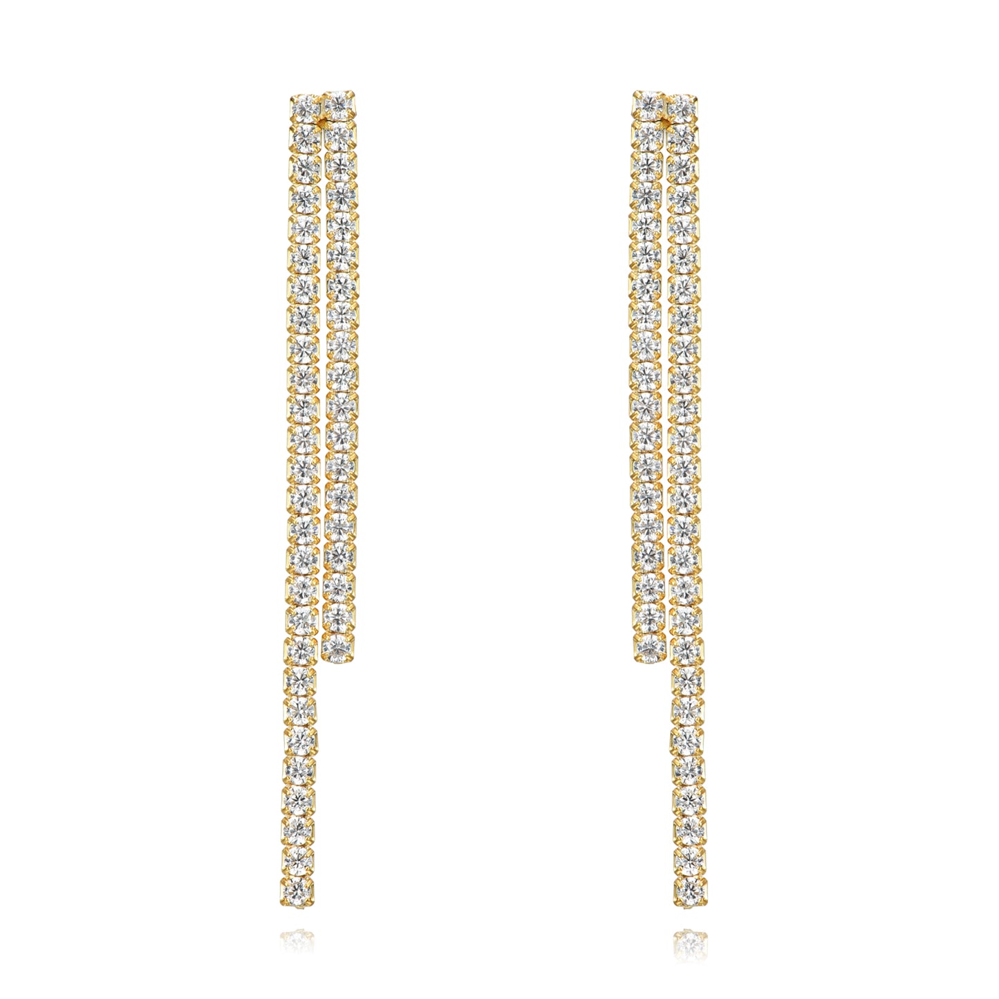 pendientes de fiesta largos con brillantes tipo tenis con estrella o sol. es de plata de ley con baño de oro 18 kilates. gold plated sterling silver long zircon tennis chain holiday earrings