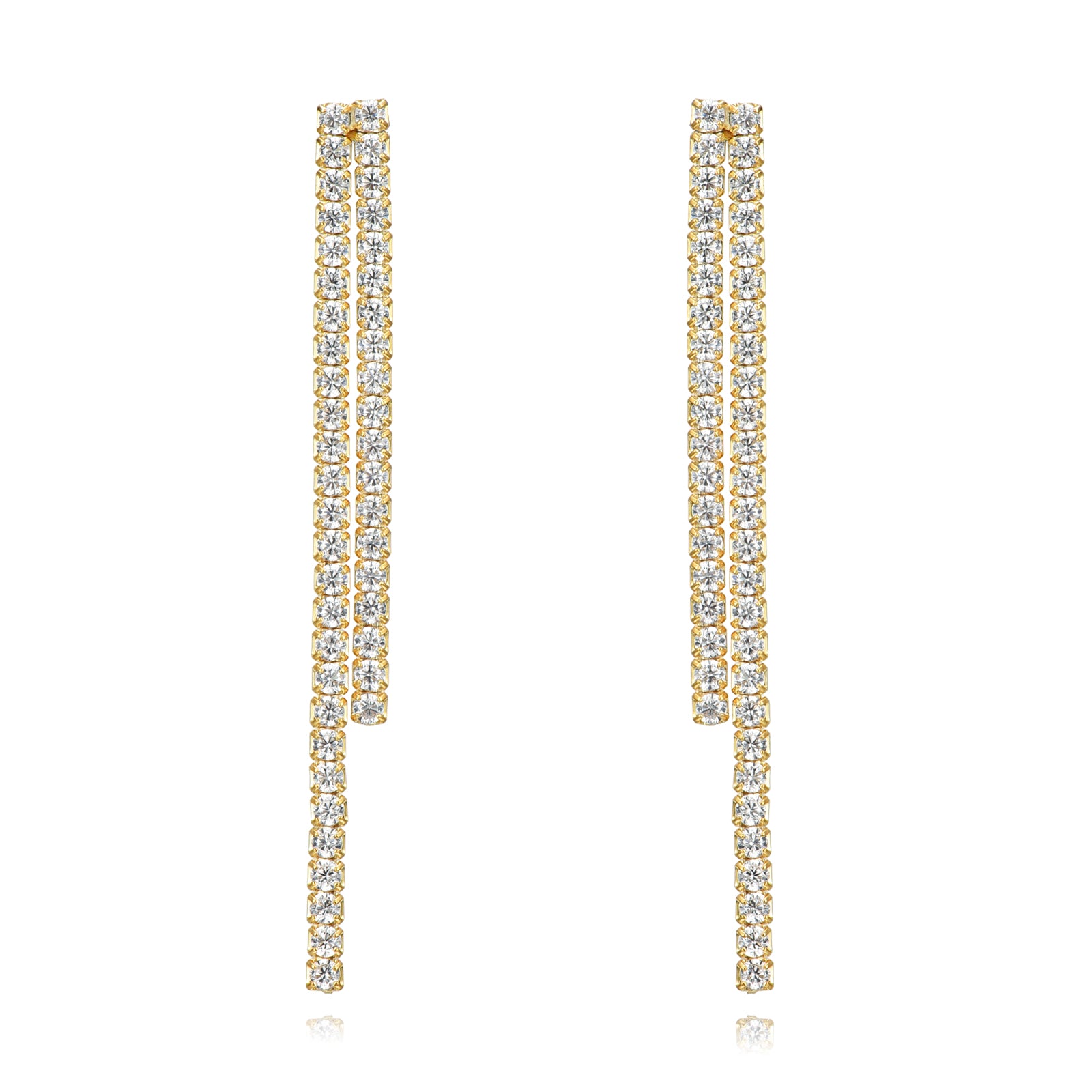 pendientes de fiesta largos con brillantes tipo tenis con estrella o sol. es de plata de ley con baño de oro 18 kilates. gold plated sterling silver long zircon tennis chain holiday earrings