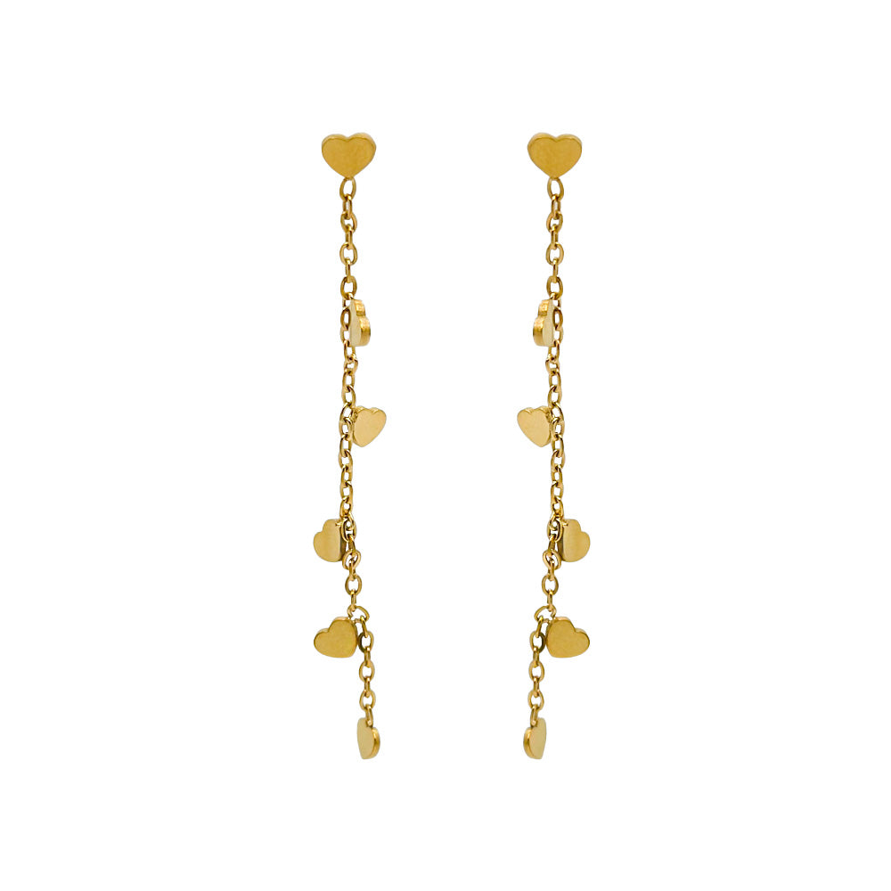 pendientes largos de cadena para mujer, niña y adolescente. No pesan nada. Son de cadena larga con corazones colgantes en acero hipoalergénico resistente al agua. Gold plated stainless steel long heart pendant earrings