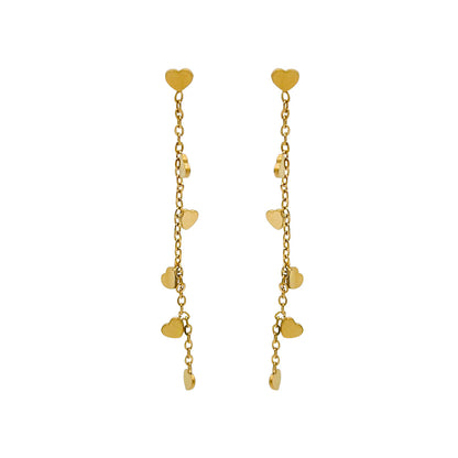 pendientes largos de cadena para mujer, niña y adolescente. No pesan nada. Son de cadena larga con corazones colgantes en acero hipoalergénico resistente al agua. Gold plated stainless steel long heart pendant earrings