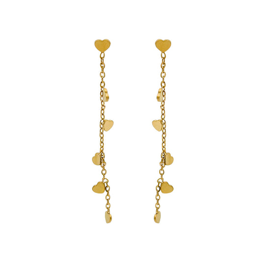 pendientes largos de cadena para mujer, niña y adolescente. No pesan nada. Son de cadena larga con corazones colgantes en acero hipoalergénico resistente al agua. Gold plated stainless steel long heart pendant earrings
