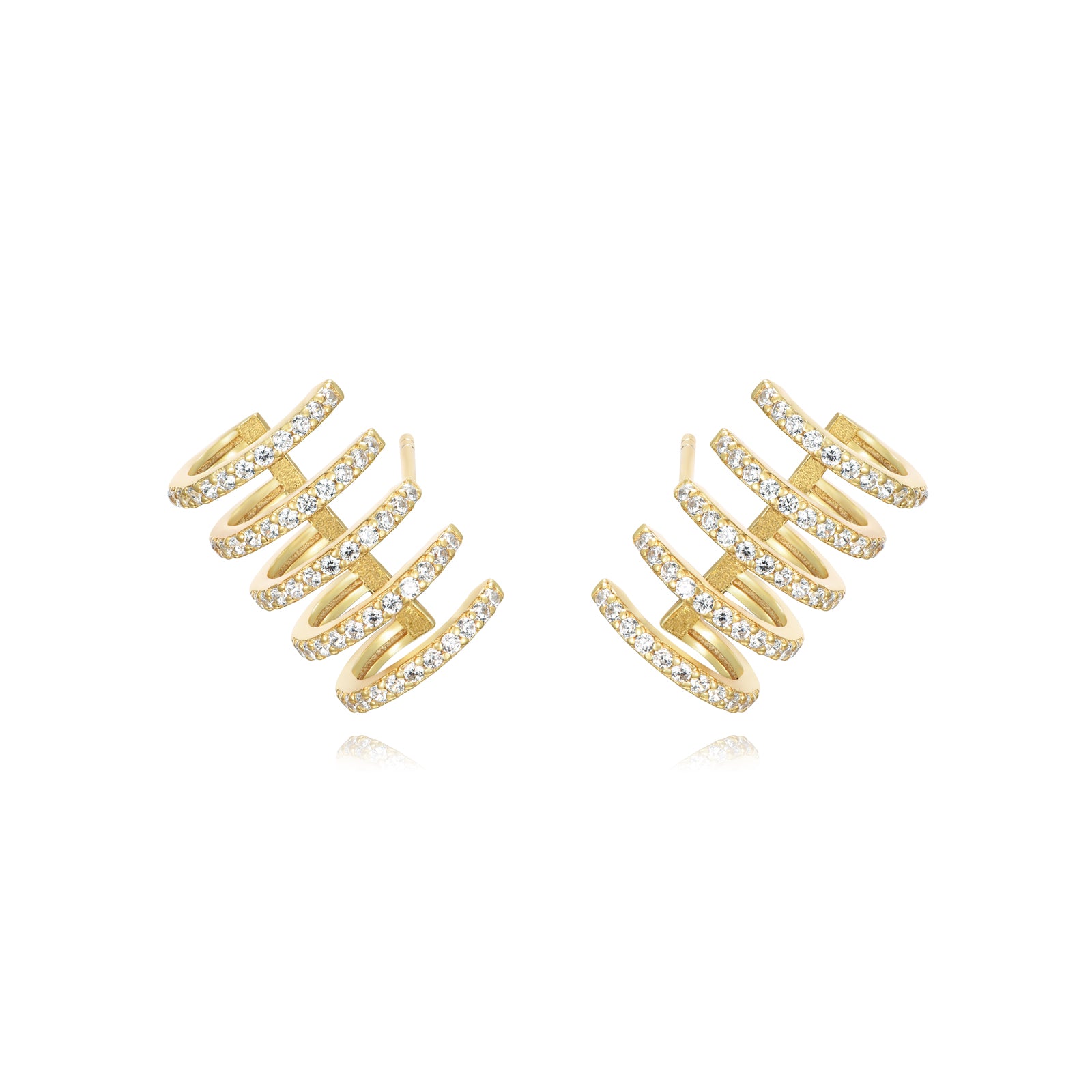 pendiente falso con cinco aros multiples en plata de ley con baño de oro y circonitas. Se pueden llevar de piercing en el cartílago. Gold plated sterling silver multiple zircon hoop earrings