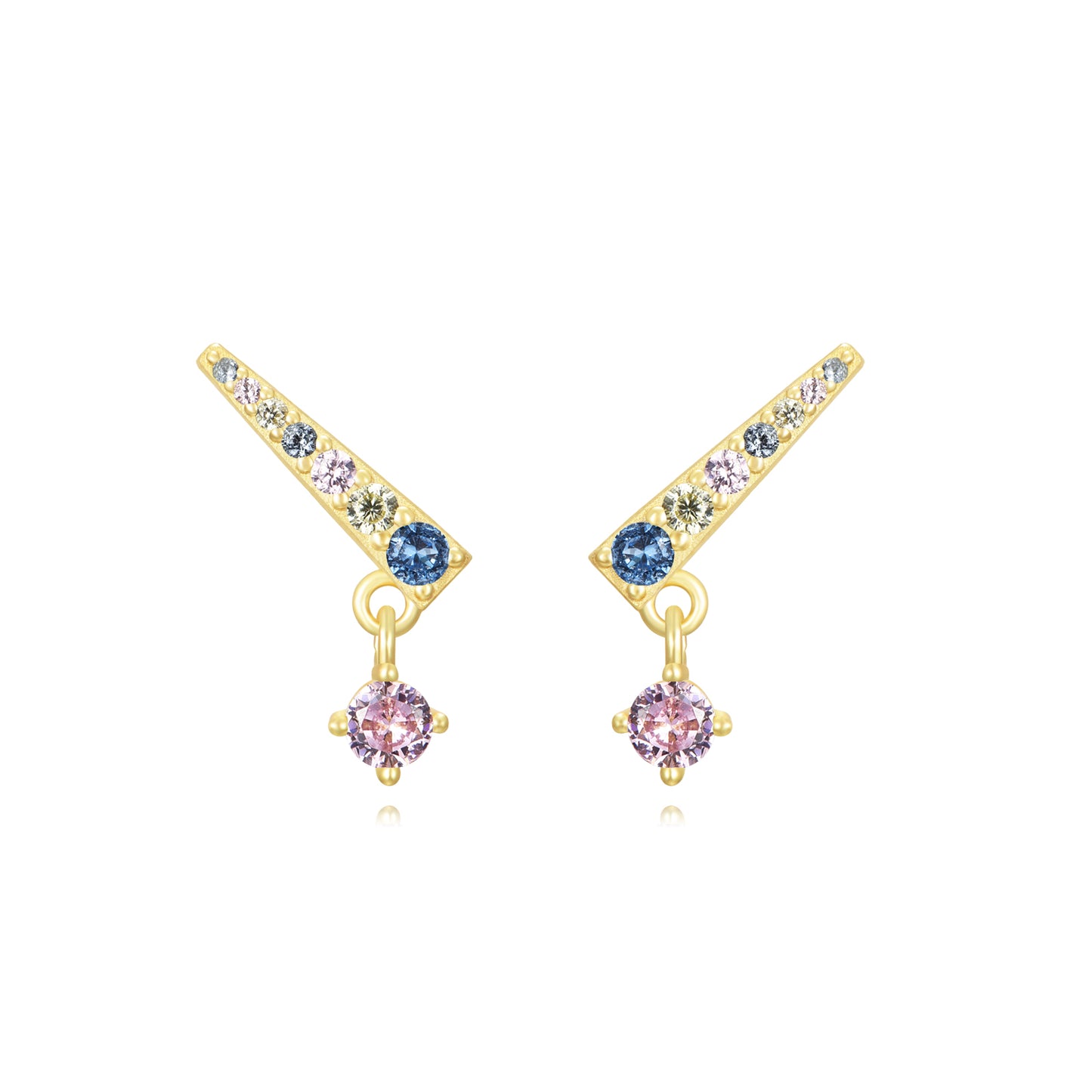 pendientes con forma de triángulo en plata de ley con baño de oro y circonitas. Se pueden llevar de piercing en el cartílago. Gold plated sterling silver triangle zircon earrings