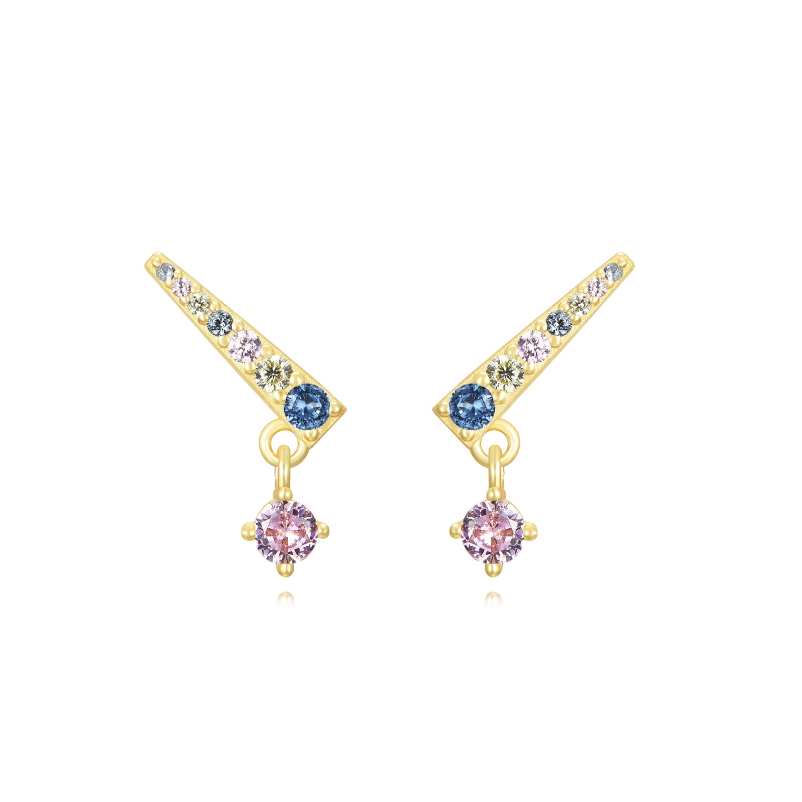 pendientes con forma de triángulo en plata de ley con baño de oro y circonitas. Se pueden llevar de piercing en el cartílago. Gold plated sterling silver triangle zircon earrings