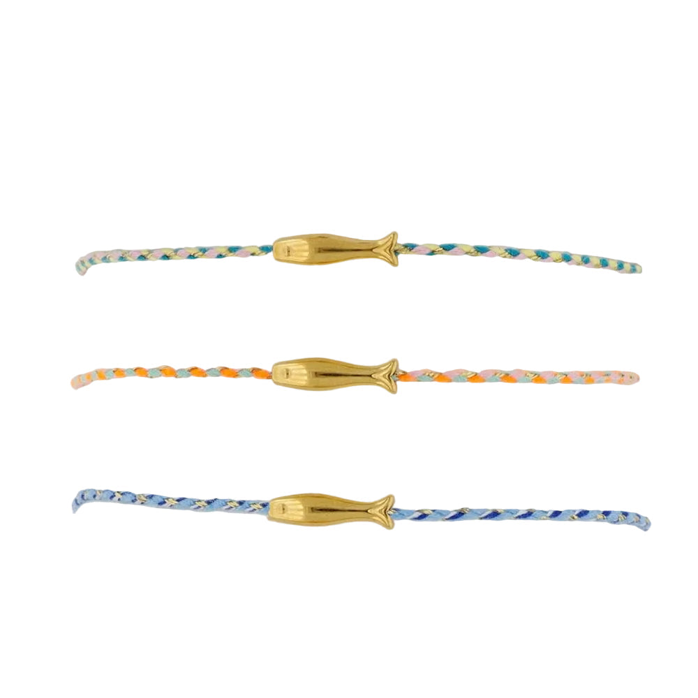 pulsera waterproof o resistente al agua confeccionada con cordón dorado y rosa con abalorios de piedra natural y acero dorado.  Cierre ajustable, colgante de concha, pez, cangrejo y abalorios de colores (CORAL, azul TURQUESA, naranja, verde, marrón)
