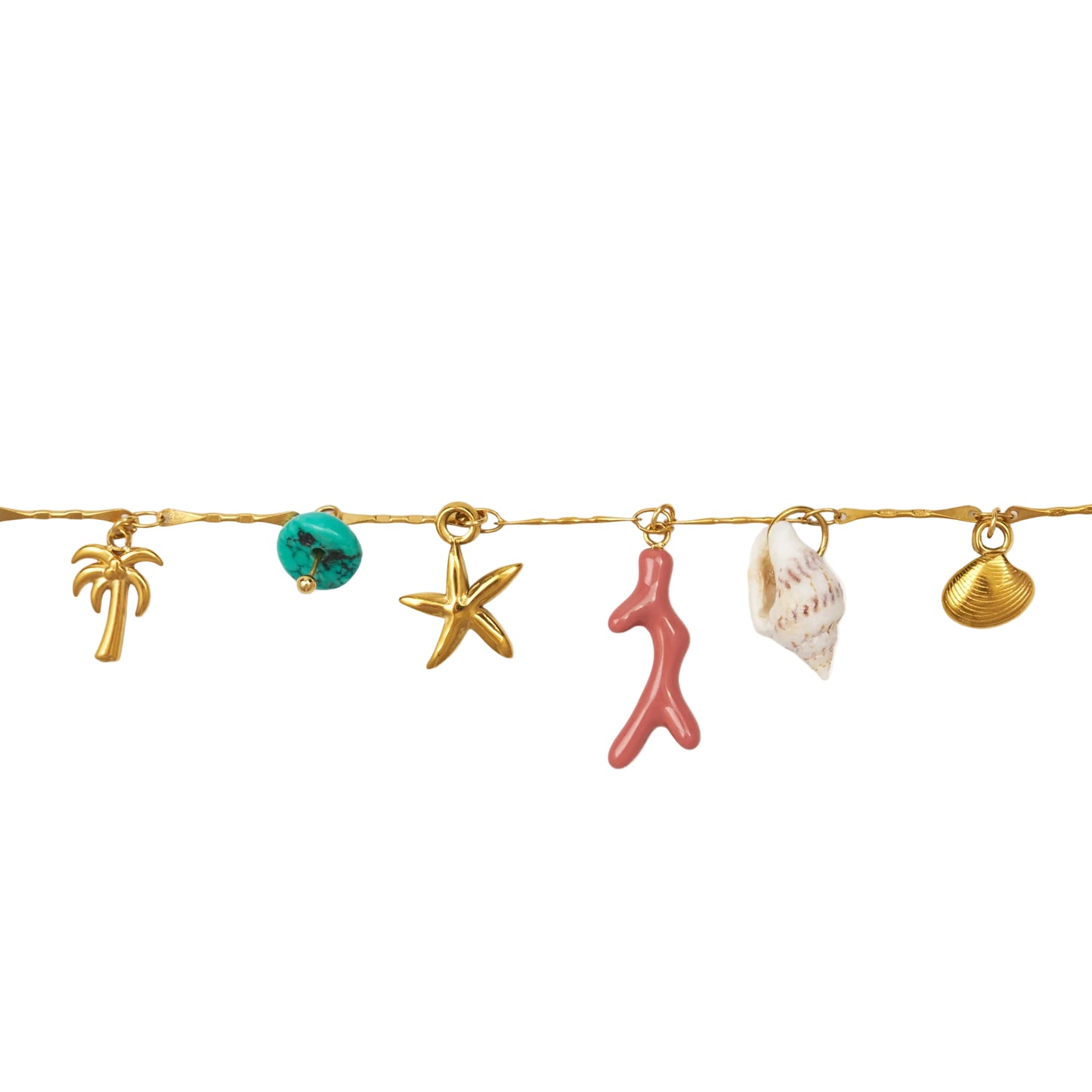 pulsera waterproof o resistente al agua confeccionada EN CADENA DE Oeslabones grande de acero con baño de oro 18 kilates.  Cierre frontal con colgante de concha, caracola, palmera  y abalorios de colores (CORAL, azul TURQUESA, naranja rojo Y VERDE)