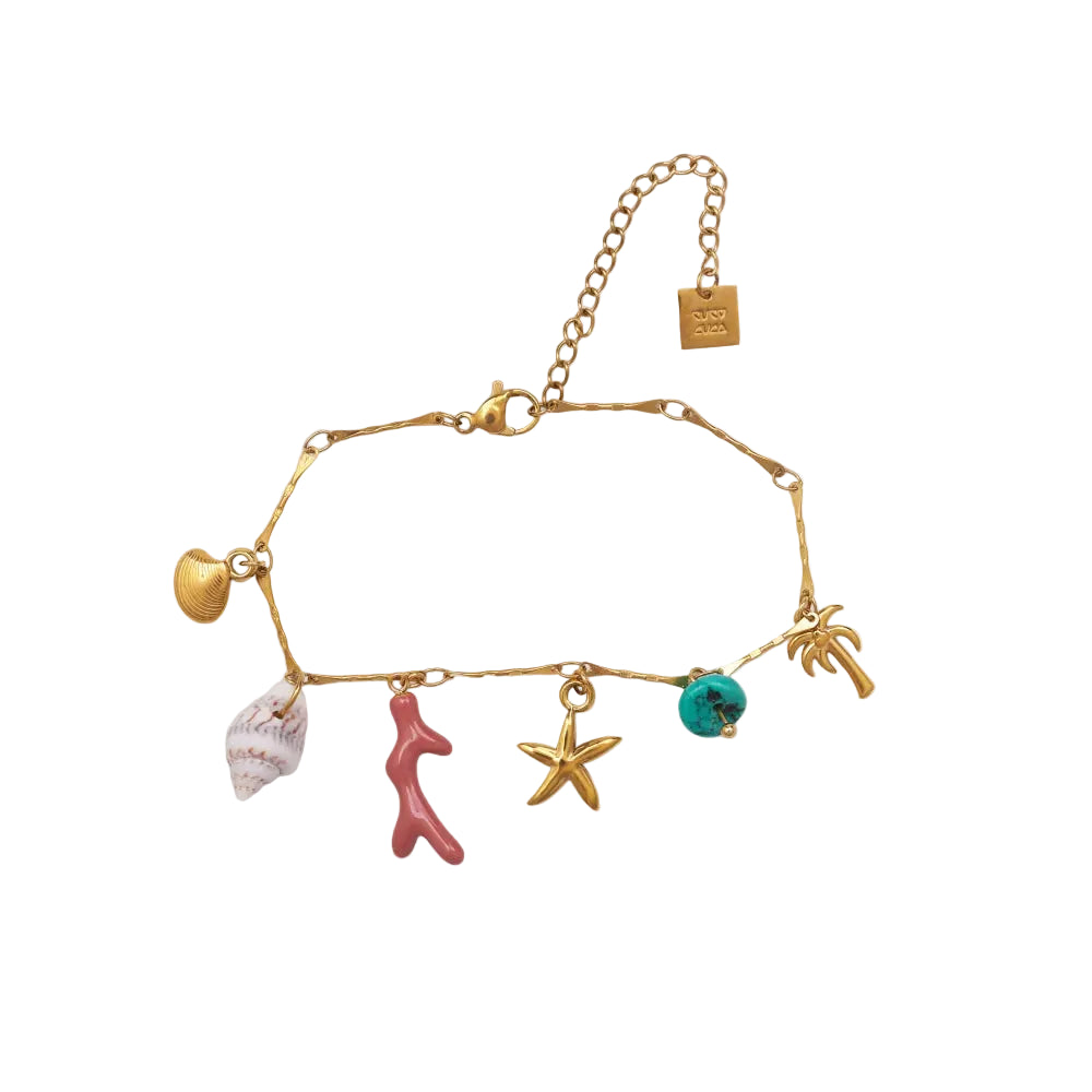 pulsera waterproof o resistente al agua confeccionada EN CADENA DE Oeslabones grande de acero con baño de oro 18 kilates.  Cierre frontal con colgante de concha, caracola, palmera  y abalorios de colores (CORAL, azul TURQUESA, naranja rojo Y VERDE)