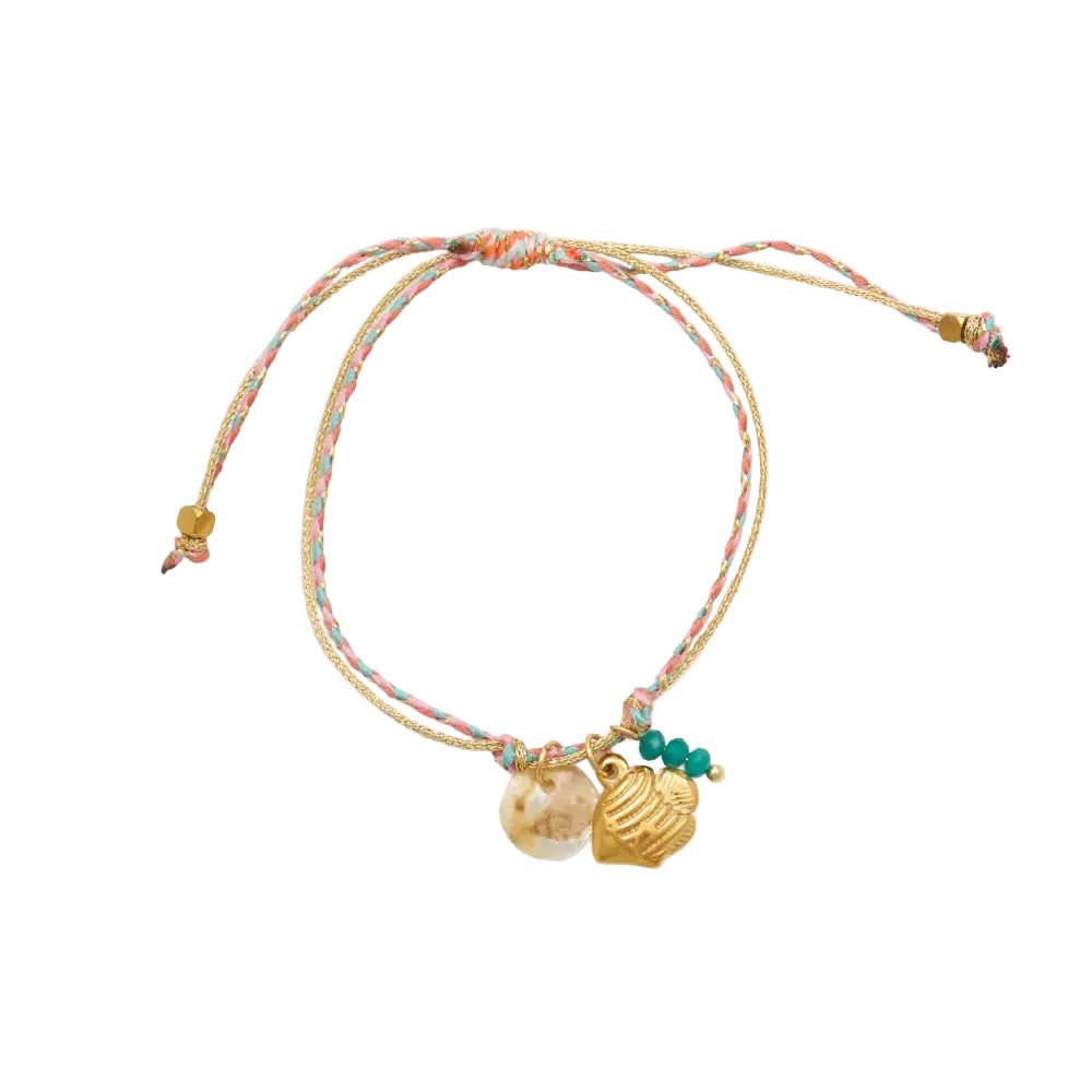 pulsera waterproof o resistente al agua confeccionada con cordón dorado y rosa con abalorios de piedra natural y acero dorado.  Cierre ajustable, colgante de concha, pez, cangrejo y abalorios de colores (CORAL, azul TURQUESA, naranja)