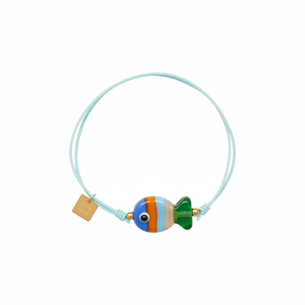 pulsera de verano de goma elástica con pez de cerámica a rayas de colores azul verde y naranja