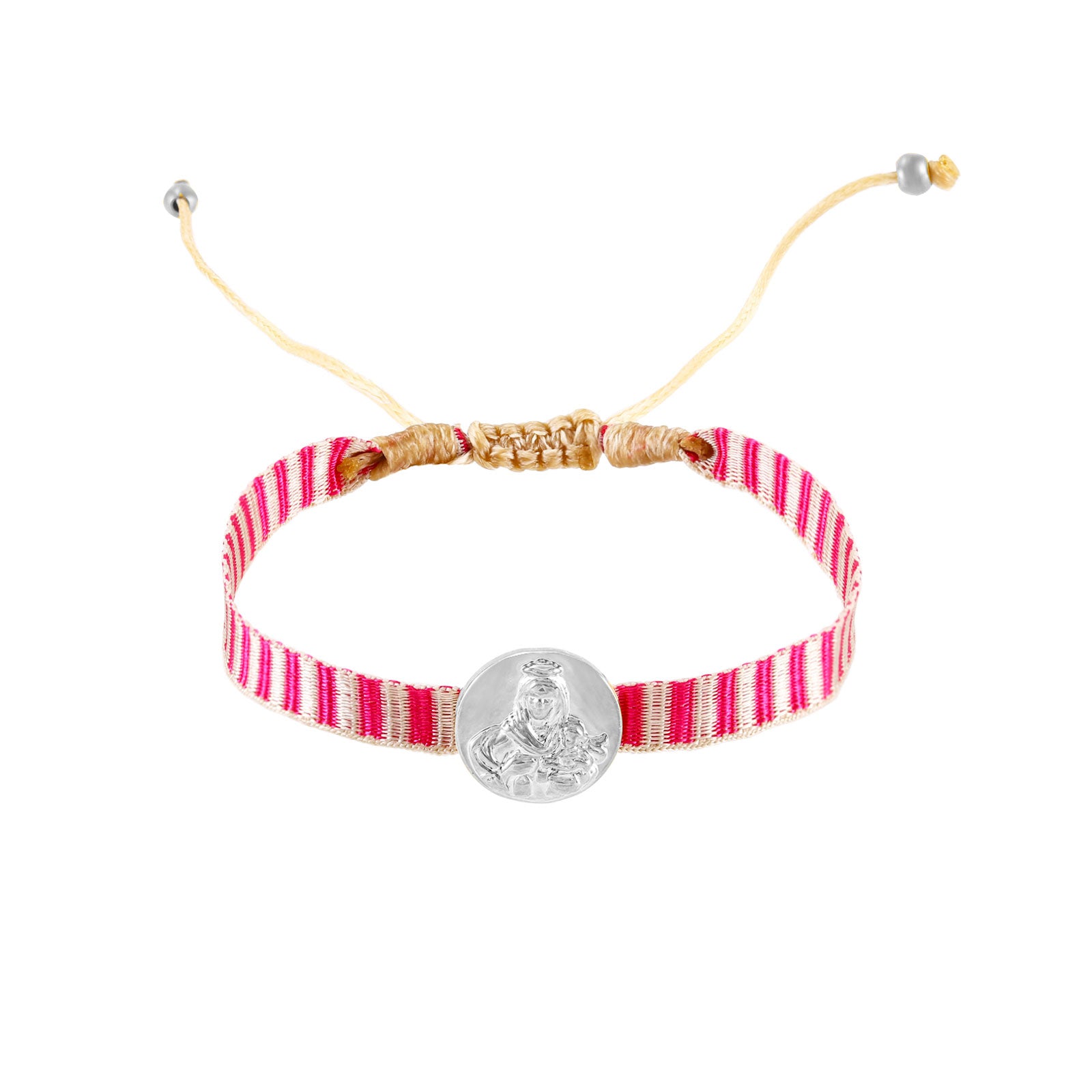 pulsera de cordón AJUSTABLE con medalla de la virgen deL CARMEN en acero hipoalergénico bañado en oro o plata. Es resistente al agua y apta para niños