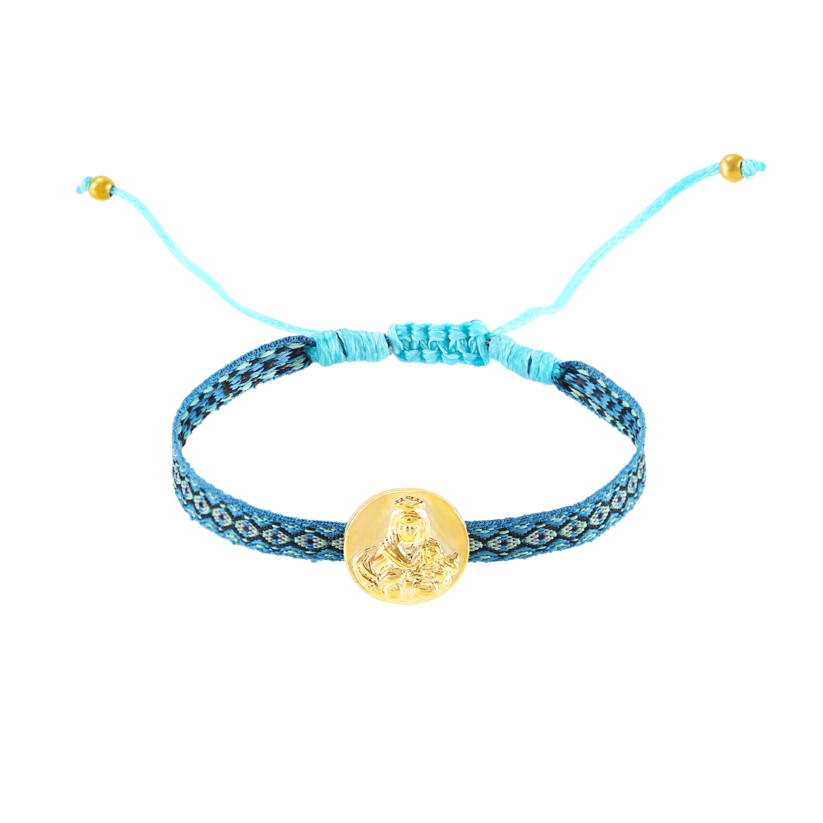 pulsera de cordón AJUSTABLE con medalla de la virgen deL CARMEN en acero hipoalergénico bañado en oro o plata. Es resistente al agua y apta para niños