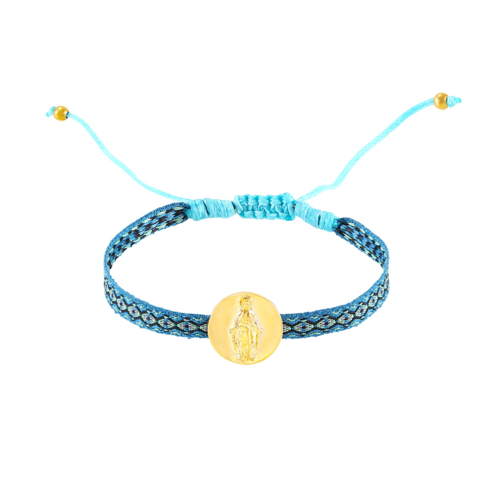 pulsera de cordón ajustable con medalla de la virgen de la milagrosa en acero hipoalergénico bañado en oro o plata. Es resistente al agua y apta para niños