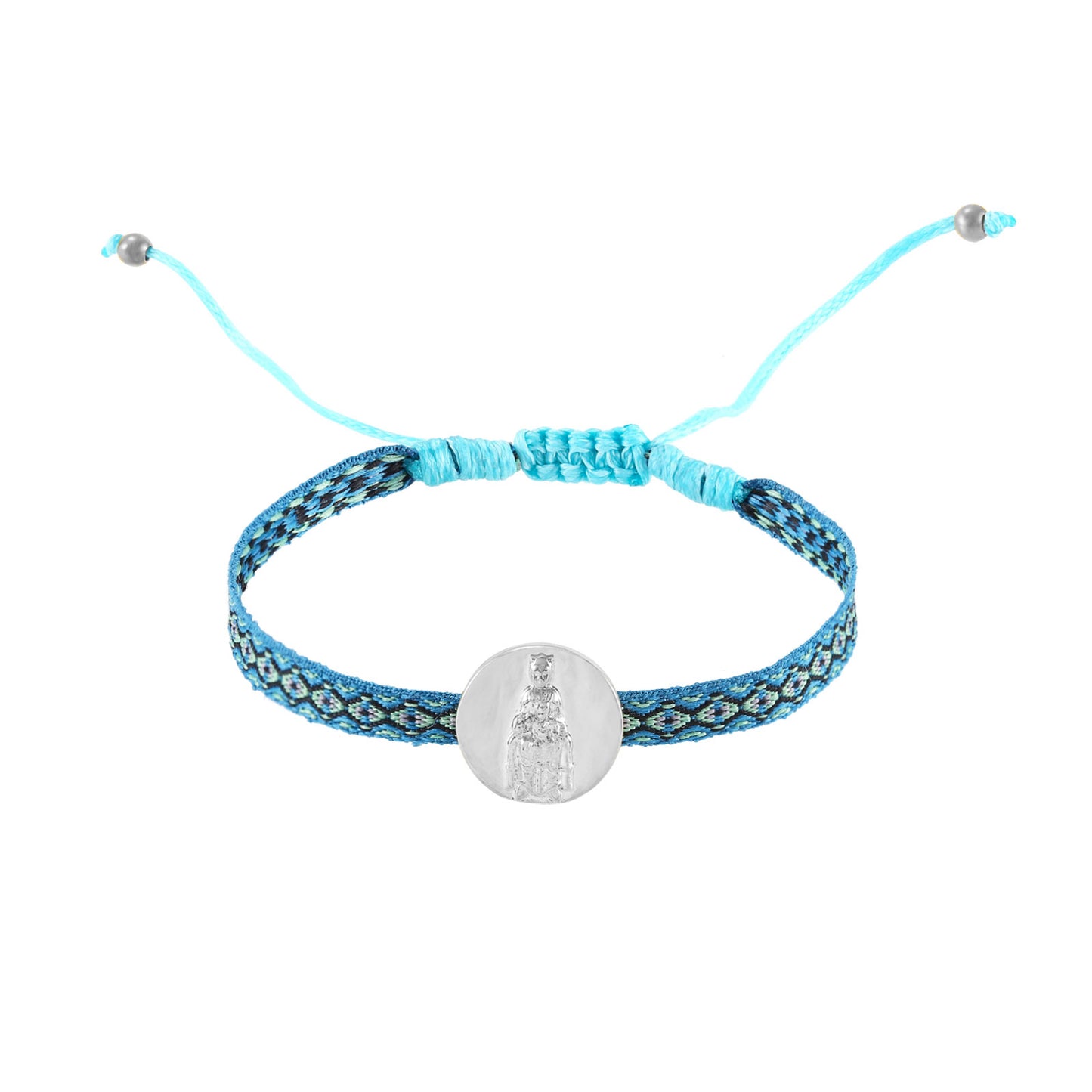 pulsera de cordón ajustable con medalla de la virgen de montserrat en acero hipoalergénico bañado en oro o plata. Es resistente al agua y apta para niños