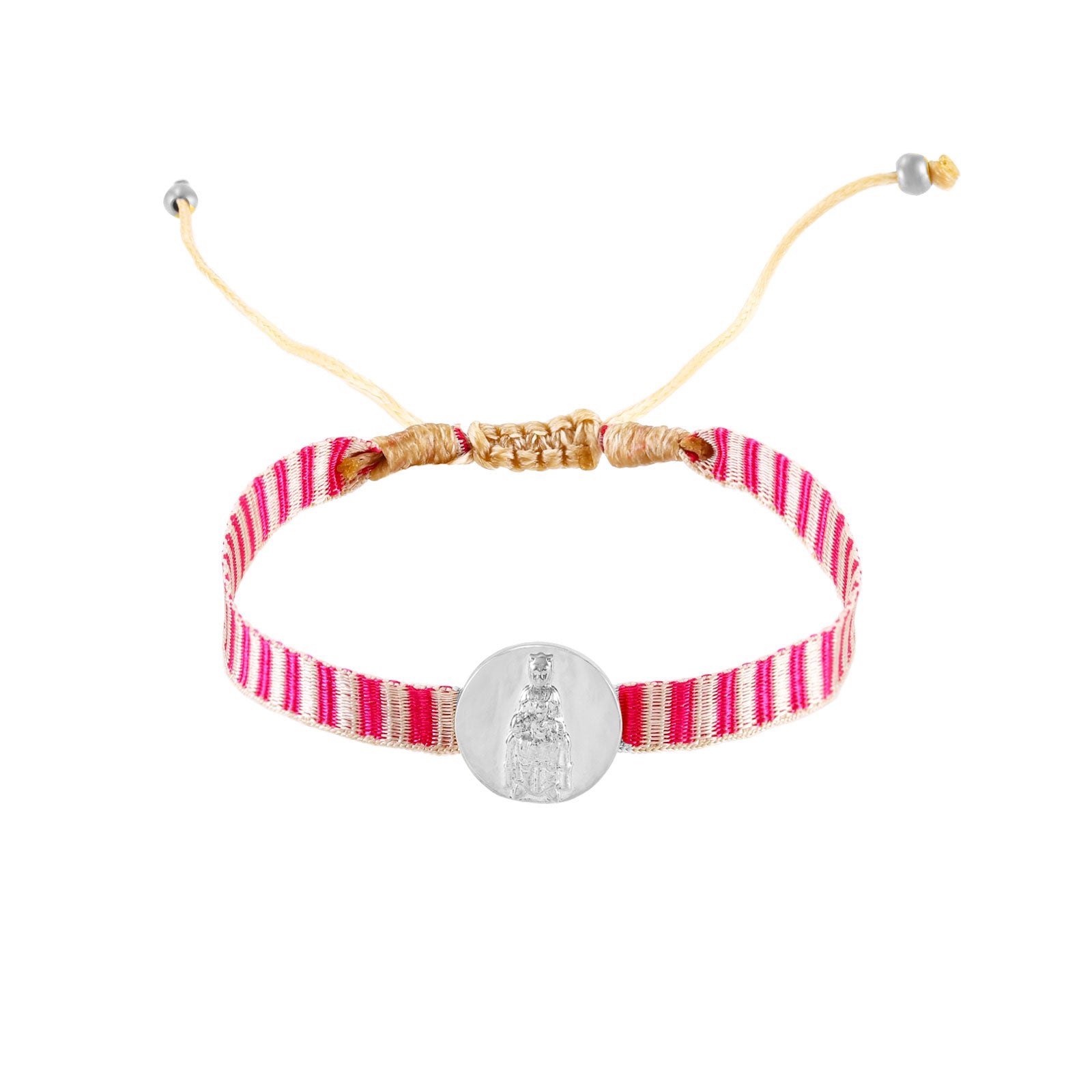 pulsera de cordón ajustable con medalla de la virgen de montserrat en acero hipoalergénico bañado en oro o plata. Es resistente al agua y apta para niños