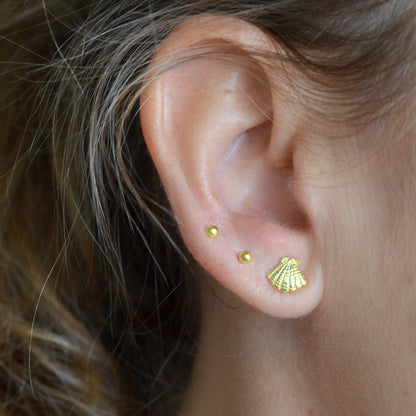 pendientes para verano de concha. Son perfectos para piercing y el material es de plata de ley con baño de oro 18 kilates. gold plated sterling silver shell earrings