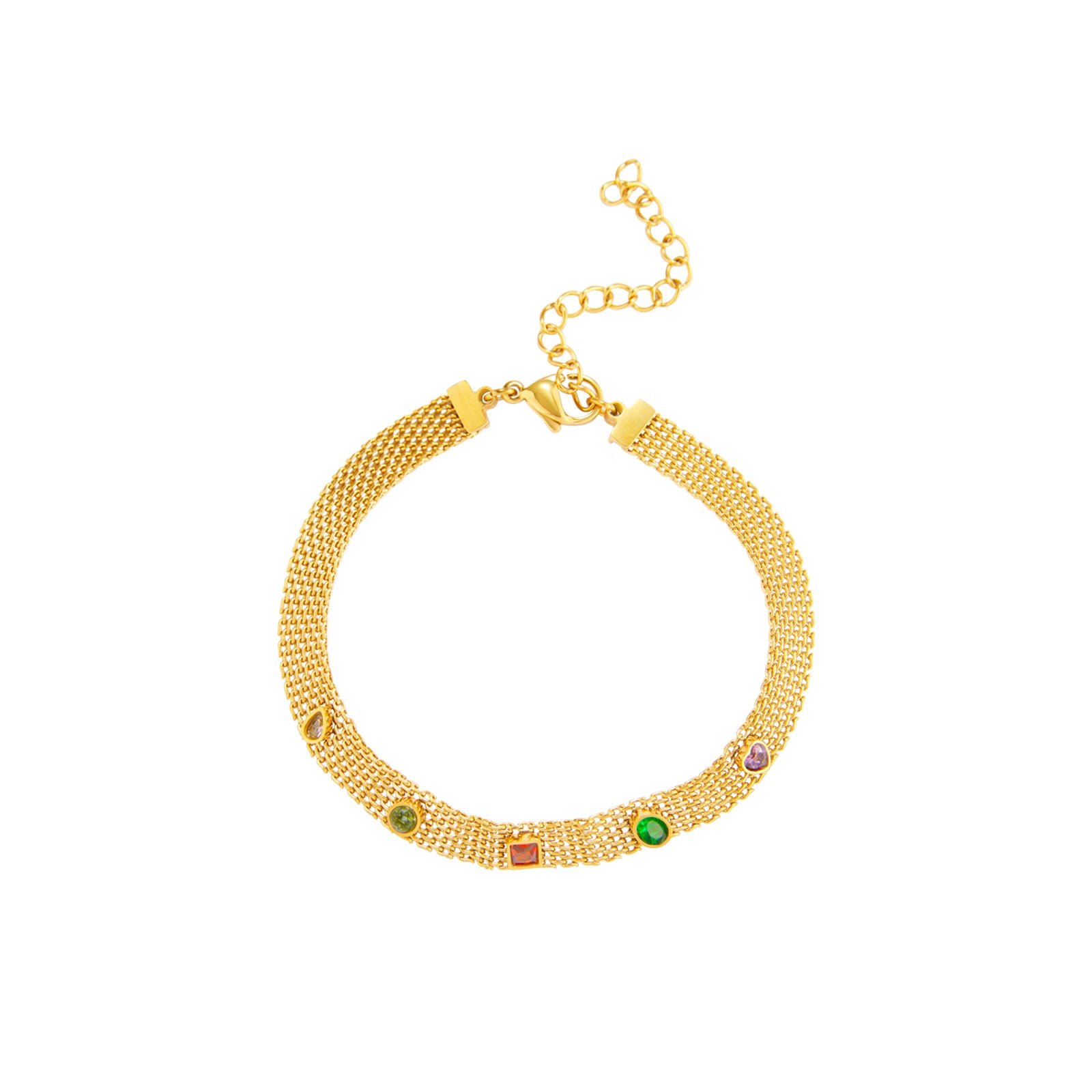 pulsera bismarck con piedras de colores. Es de acero hipoalergénico y resistente al agua. acabado en dorado y plateado