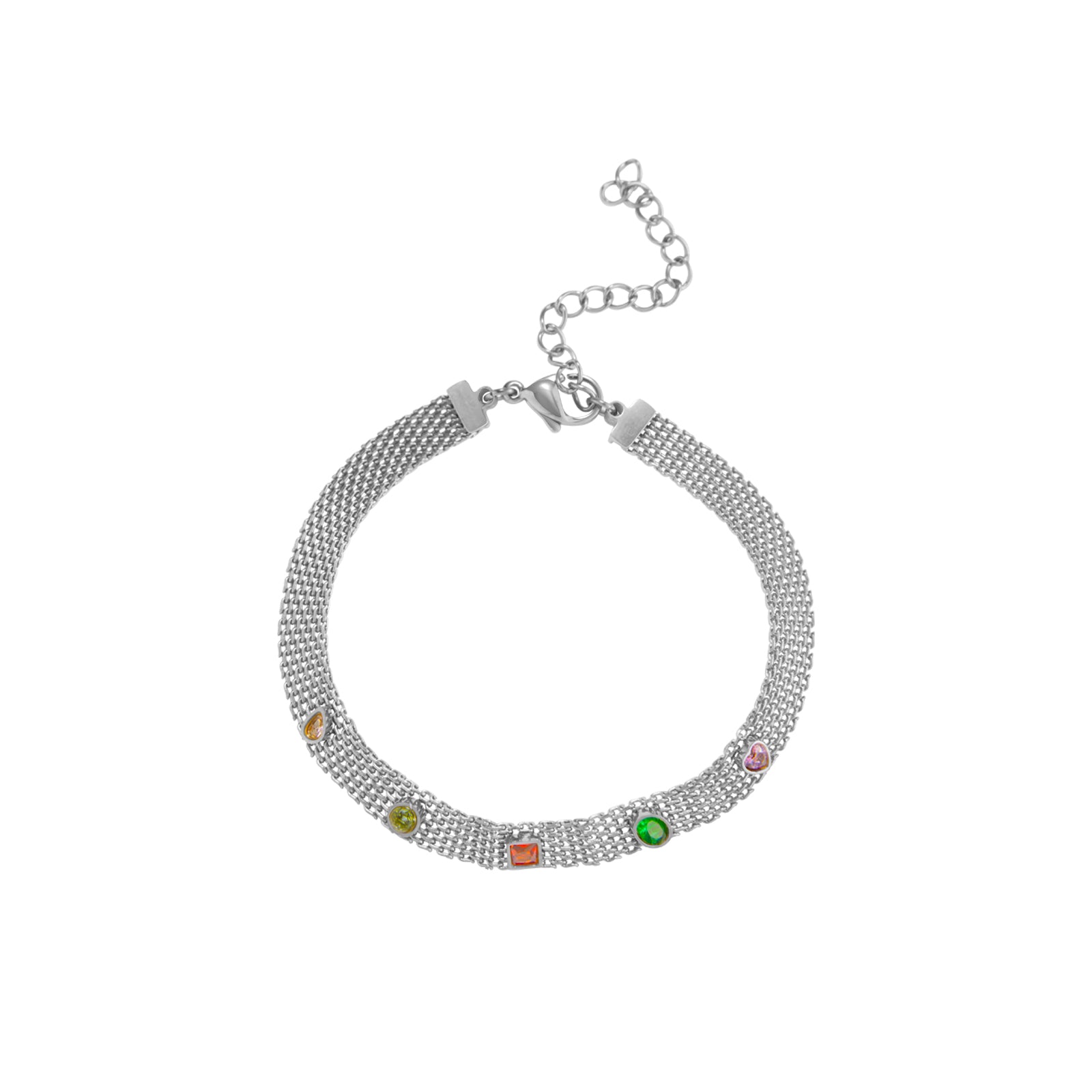 pulsera bismarck con piedras de colores. Es de acero hipoalergénico y resistente al agua. acabado en dorado y plateado