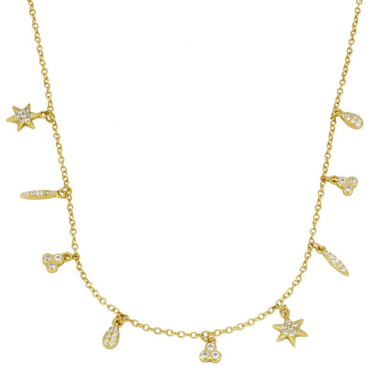 gargantilla con charms de estrellas y tréboles colgantes confeccionada en plata de ley con baño de oro 18 kilates