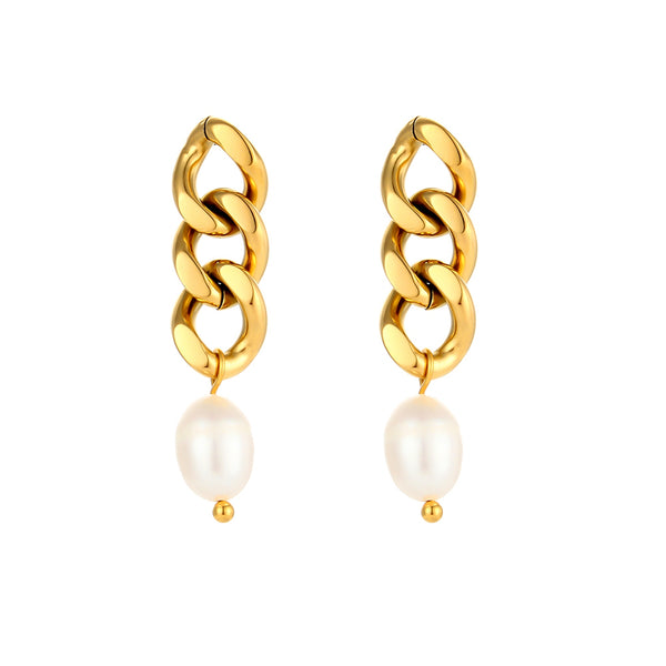 Pendientes largos de eslabón grueso estilo vintage con perla natural. Gold plated vintage chunky chain long pearl earrings