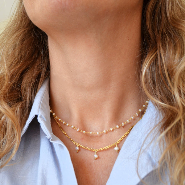 Collar Cadena Combinada Oro y Perlas Baño Oro 18k